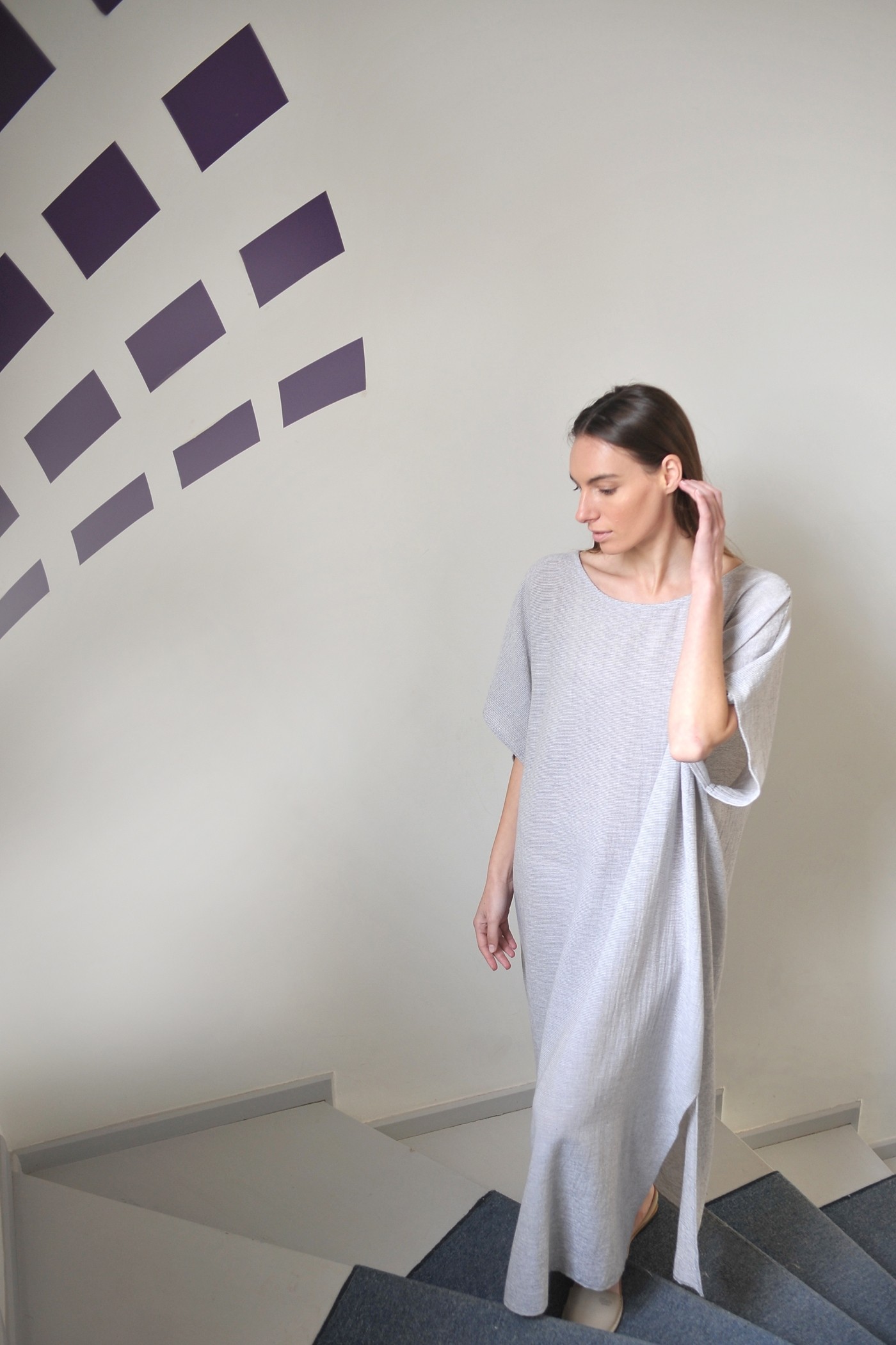 Grey Striped Sile Caftan Dress