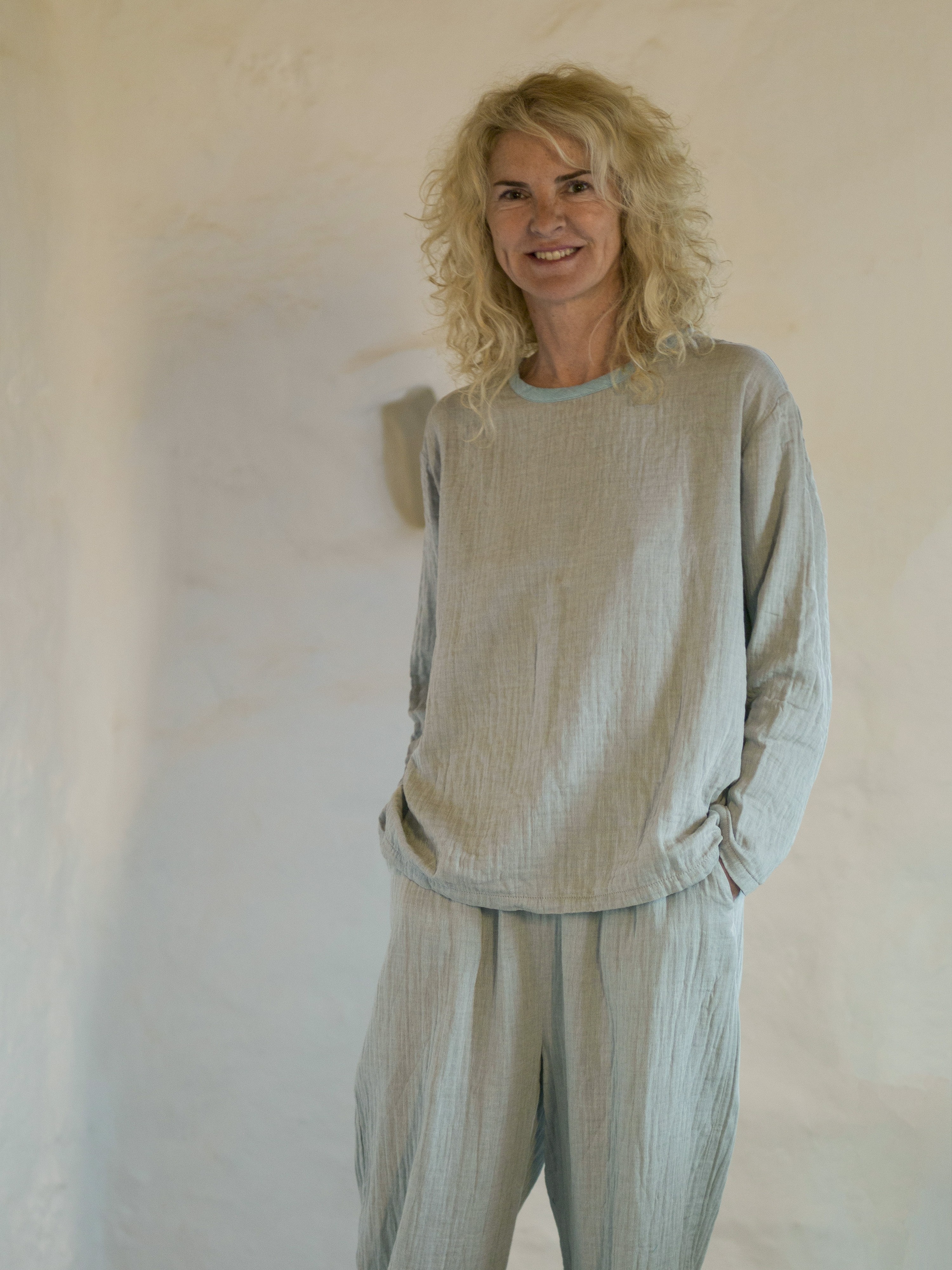 Grey-Turquoise Muslin Long Sleeve Tee