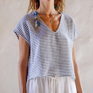 Bold Marine Striped Sile V Neck Top