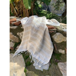 White-Taupe Stripe Linen Scarf