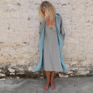 Muslin Hooded Robe Grey-Turquoise