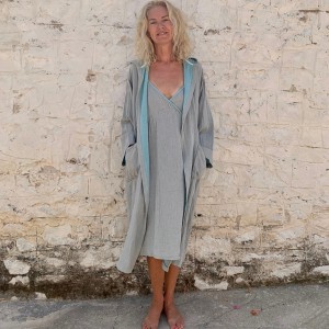 Muslin Hooded Robe Grey-Turquoise