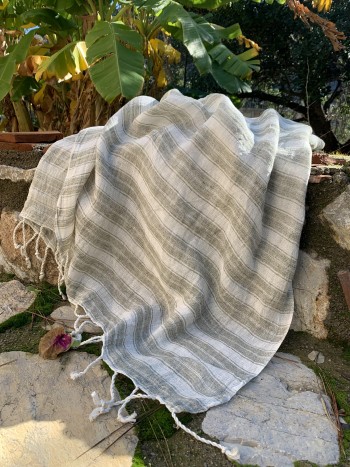 White-Khaki Stripe Linen Scarf