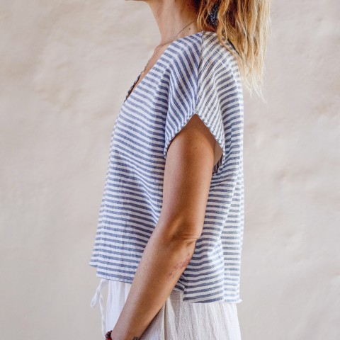 Bold Marine Striped Sile V Neck Top