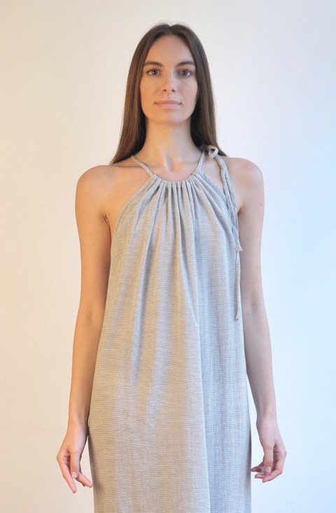 Grey Striped Sile Halter Dress