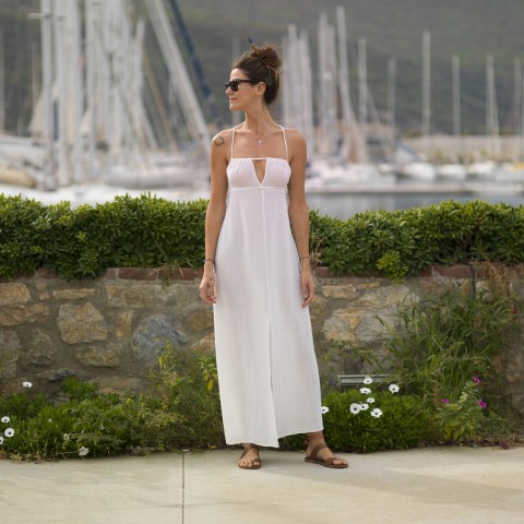 Off White Sile Maxi Halter Lace-Up Dress