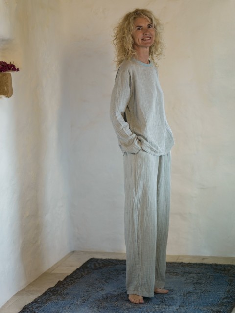 Grey-Turquoise Muslin Long Sleeve Tee