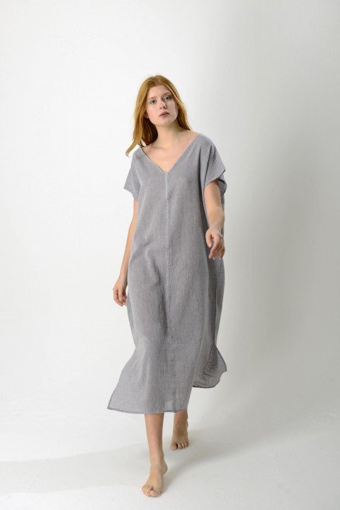Grey Sile V Neck Caftan Dress