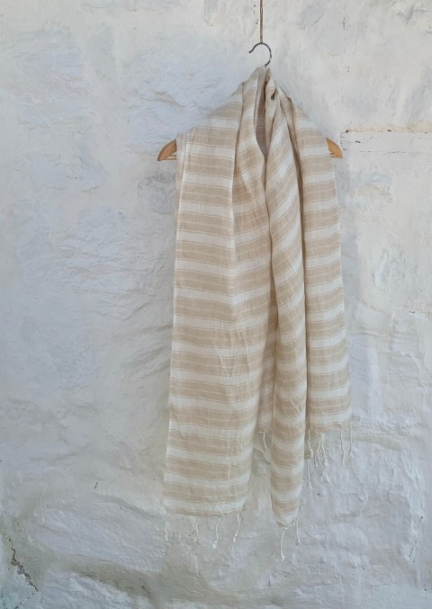 White-Taupe Stripe Linen Scarf