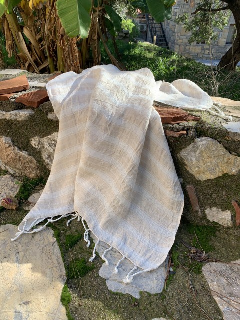 White-Taupe Stripe Linen Scarf