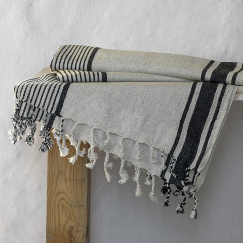 Natural-Black Linen Striped Turkish Towel/Beach Towel