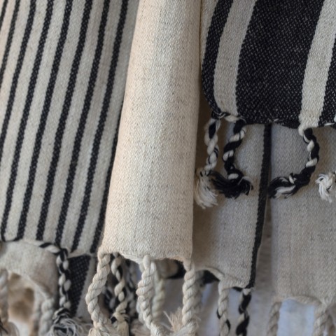 Natural-Black Linen Striped Turkish Towel/Beach Towel