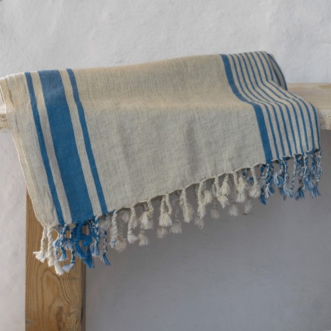 Natural-Navy Linen Striped Turkish Towel/Beach Towel