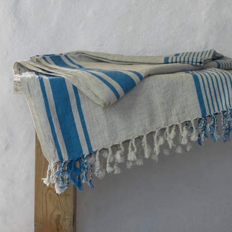 Natural-Navy Linen Striped Turkish Towel/Beach Towel