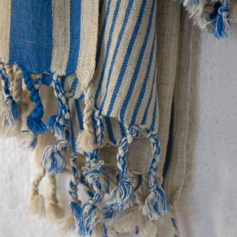 Natural-Navy Linen Striped Turkish Towel/Beach Towel