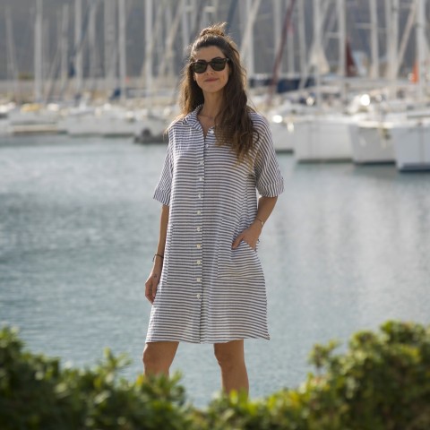 Bold Marine Striped Sile Mini Shirt Dress