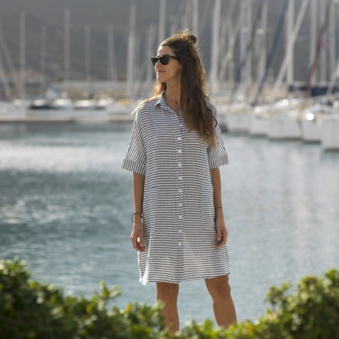 Bold Marine Striped Sile Mini Shirt Dress