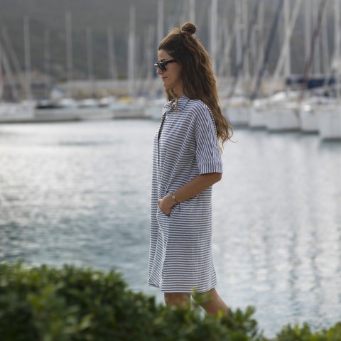 Bold Marine Striped Sile Mini Shirt Dress