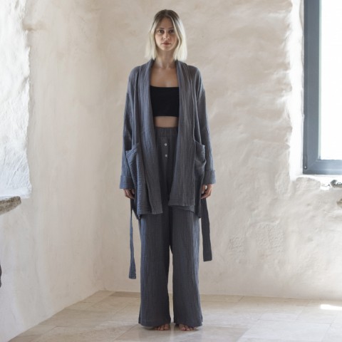 Muslin double-layered cotton belted cardigan