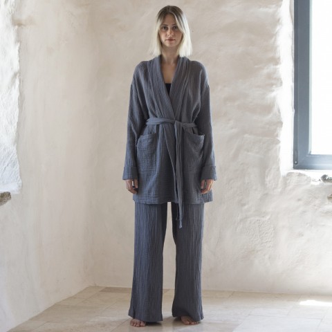 Muslin double-layered cotton belted cardigan