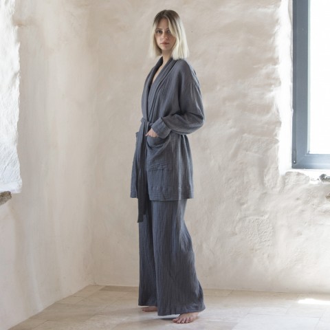 Muslin double-layered cotton belted cardigan