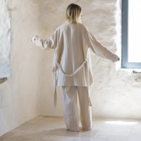 Muslin double-layered cotton belted cardigan