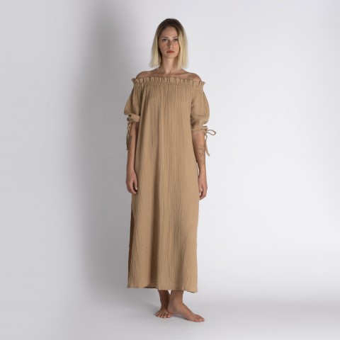 Muslin double layered cotton off shoulder dress