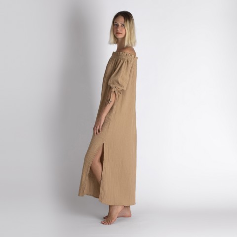 Muslin double layered cotton off shoulder dress