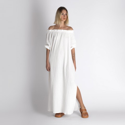 Muslin double layered cotton off shoulder dress