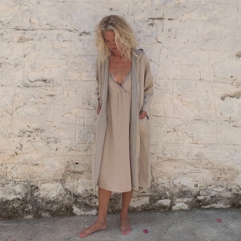 Muslin Hooded Robe Taupe-Grey