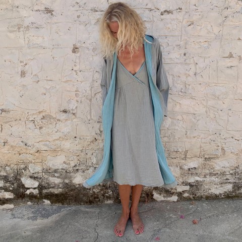 Muslin Hooded Robe Grey-Turquoise