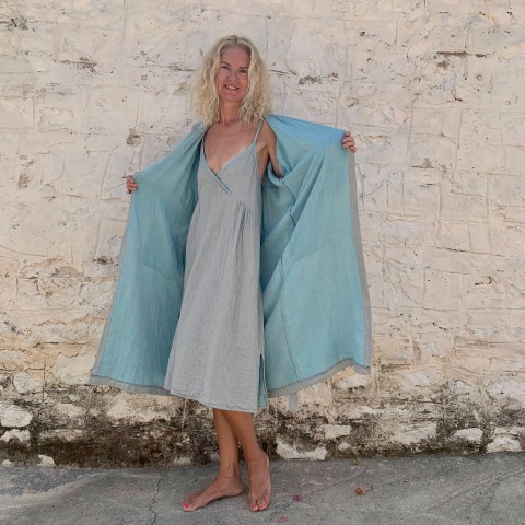 Muslin Hooded Robe Grey-Turquoise