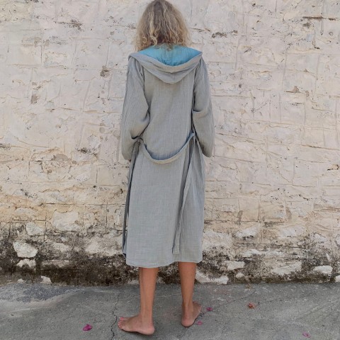 Muslin Hooded Robe Grey-Turquoise