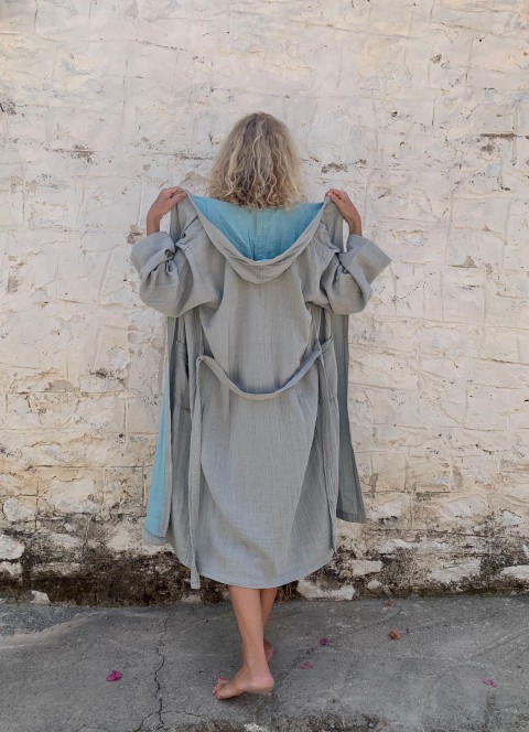 Muslin Hooded Robe Grey-Turquoise
