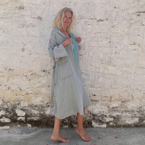 Muslin Hooded Robe Grey-Turquoise