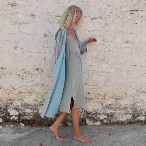 Muslin Hooded Robe Grey-Turquoise