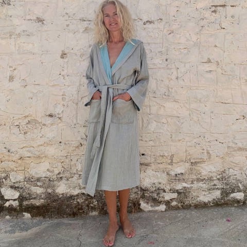 Muslin Hooded Robe Grey-Turquoise