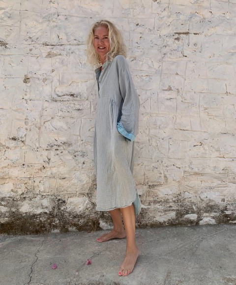 Muslin Kaftan Grey-Turquoise